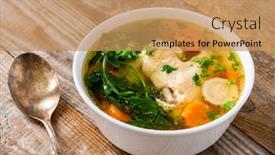  Presentation with soup - Presentation consisting of broth-chicken-soup-on-wooden background and a coral colored foreground