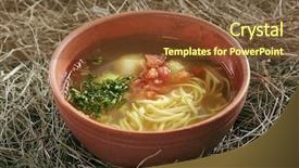  Presentation with noodle - PPT theme enhanced with beautiful serving vintage ceramic bowl of homemade noodle soup arishta with chicken meatballs clear sturdy seasoned broth with turkey meat balls egg spaghetti and greens on rustic background background and a tawny brown colored foreground