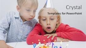  Presentation with birthday sister - Colorful slide set enhanced with brother and sister blowing birthday candles at table in house backdrop and a light gray colored foreground