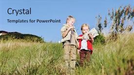  Presentation with pretend - Audience pleasing slides consisting of brother and sister children playing pretend adventure game outdoors having fun in the field backdrop and a light blue colored foreground