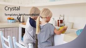  Presentation with kneeling - Colorful slides enhanced with brother and sister kneeling at sink to wash up in kitchen backdrop and a soft green colored foreground