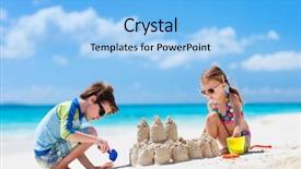  Presentation with sand play - Amazing PPT theme having brother and sister making sand backdrop and a light blue colored foreground