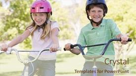  Presentation with bicycles - Presentation theme with brother and sister outdoors on bicycles smiling background and a soft green colored foreground