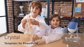  Presentation with anatomy - PPT theme featuring brother-and-sister-students-smiling background and a coral colored foreground