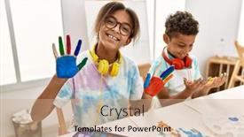  Presentation with sister - PPT layouts enhanced with brother-and-sister-wearing-headphones background and a coral colored foreground