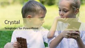  Presentation with sister - Colorful presentation enhanced with brother and sister with relish eating chocolate outdoors backdrop and a blonde colored foreground