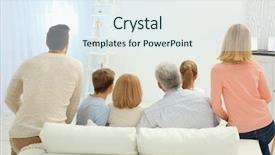  Presentation with living room family - Colorful PPT theme enhanced with brother sister - family watching tv while sitting backdrop and a sky blue colored foreground