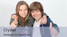  Presentation with teenagers - Colorful PPT theme enhanced with brother sister - portrait of teenagers with thumbs backdrop and a light blue colored foreground