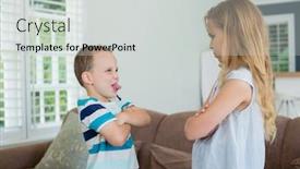  Presentation with teasing - PPT layouts featuring brother teasing his sister while standing with arms crossed in living room at home background and a light gray colored foreground