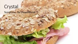  Presentation with bagel - PPT theme consisting of brown bagel topped with different seeds such as sesame and poppy seeds filled with ham and lettuce mix on a white background background and a coral colored foreground