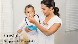  Presentation with baby - Cool new slide deck with brown bear family - smiling brunette feeding baby backdrop and a  colored foreground