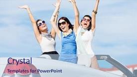  Presentation with automobile - Colorful slide set enhanced with brown car - group of girls stands backdrop and a light blue colored foreground