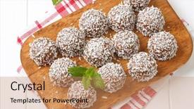  Presentation with organic coconut yogurt in wooden - PPT layouts with brown coconut truffles on wooden background and a  colored foreground