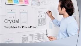  Presentation with engineer design - Cool new slide set with brown-haired-interface-engineer-standing backdrop and a light gray colored foreground