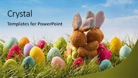  Presentation with easter - PPT layouts having brown hare - two easter rabbits sitting background and a light blue colored foreground