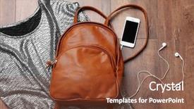  Presentation with brown leather - Cool new PPT layouts with brown leather backpack with female items on wooden surface top view backdrop and a tawny brown colored foreground