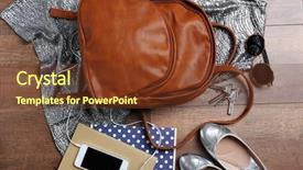  Presentation with brown leather - Amazing PPT theme having brown leather backpack with female items on wooden surface top view backdrop and a tawny brown colored foreground