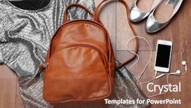  Presentation with brown leather - Colorful PPT theme enhanced with brown leather backpack with female items on wooden surface top view backdrop and a tawny brown colored foreground