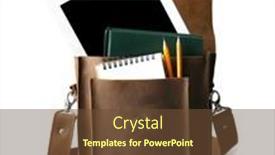  Presentation with leather bag - Colorful PPT layouts enhanced with brown leather bag with personal stuff on white background backdrop and a tawny brown colored foreground