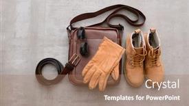  Presentation with leather shoes - Slide deck consisting of brown leather boots shoes and brown handbag sunglasse belt gloves on gray background background and a coral colored foreground