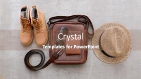  Presentation with leather shoes - Beautiful theme featuring brown leather boots shoes and brown handbag sunglasse belt hat purse on gray background backdrop and a violet colored foreground