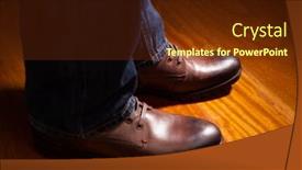  Presentation with leather shoes - Cool new theme with brown leather shoes on wooden background backdrop and a tawny brown colored foreground