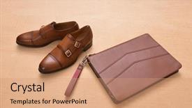  Presentation with brown bear baby shoes - Audience pleasing PPT layouts consisting of brown man shoes with purse backdrop and a  colored foreground