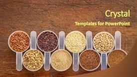  Presentation with rice grains - Slide set having gluten free grains quinoa brown rice kaniwa amaranth sorghum millet buckwheat teff - a row of measuring scoops on a rustic wood with a copy space background and a tawny brown colored foreground