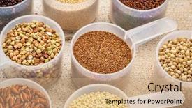  Presentation with sorghum - PPT layouts having gluten free grains quinoa brown rice kaniwa amaranth sorghum millet buckwheat teff - measuring scoops on a rustic barn wood background and a coral colored foreground
