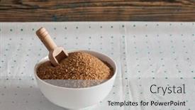  Presentation with ceramic - Colorful presentation theme enhanced with brown sugar in ceramic bowl with a wooden scoop on the table backdrop and a light gray colored foreground