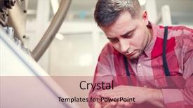  Presentation with steel industry man grinding - Presentation design consisting of brown teal - picture of young man holding background and a coral colored foreground