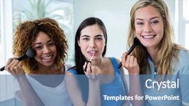  Presentation with makeup - Presentation enhanced with brown teal - three smiling friends putting makeup background and a teal colored foreground