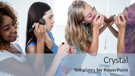  Presentation with teal - Presentation theme enhanced with brown teal - three smiling friends putting makeup background and a light blue colored foreground