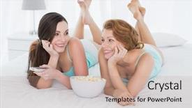  Presentation with remote - Slide set featuring brown teal - two cheerful female friends background and a coral colored foreground