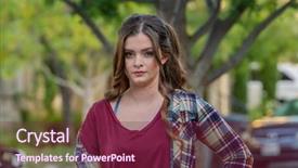  Presentation with outdoors - PPT theme with brown teal - young brunette female posing outdoors background and a violet colored foreground