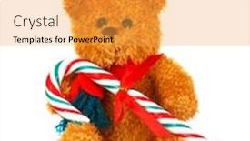  Presentation with brown bear - PPT theme having brown teddy bear with a candy cane isolated on a white background background and a yellow colored foreground