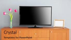  Presentation with wide - Colorful slides enhanced with brown video - wide screen tv on wooden backdrop and a gold colored foreground