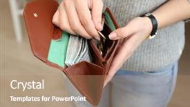  Presentation with full length portrait two men women brown sweater - PPT theme having brown wallet full of money background and a coral colored foreground
