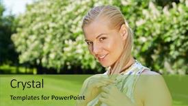  Presentation with smiling little girl - Beautiful slide deck featuring browney - portrait of smiling girl backdrop and a  colored foreground