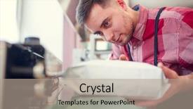  Presentation with next - PPT theme with brunet businessman next to apparatus background and a coral colored foreground