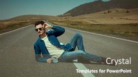  Presentation with jeans denim - Slide set having brunet-man-wearing-casual-jeans background and a  colored foreground