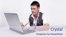  Presentation with computer network - Slide deck featuring brunette businessman looks at his computer in disbelief beating network cable background and a sky blue colored foreground