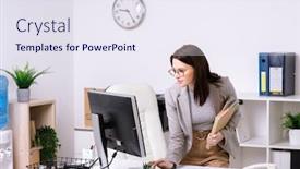  Presentation with desk - Amazing theme having brunette-businesswoman-in-jacket-standing backdrop and a sky blue colored foreground