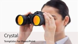  Presentation with leading through motivation - Slide set with brunette businesswoman looking through binoculars background and a soft green colored foreground