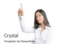  Presentation with virtual - Theme featuring brunette businesswoman touching virtual pad background and a white colored foreground