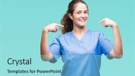  Presentation with teamwork nurse doctor - PPT theme consisting of brunette doctor girl wearing nurse background and a  colored foreground