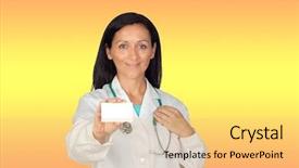  Presentation with yellow orange - Amazing PPT layouts having brunette doctor with a blank card with a yellow and orange background backdrop and a yellow colored foreground