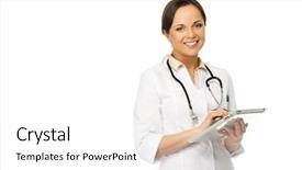  Presentation with taking notes - Presentation theme consisting of brunette doctor woman taking note background and a white colored foreground