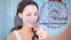  Presentation with bar - Beautiful slide set featuring brunette eating bar of chocolate backdrop and a light blue colored foreground