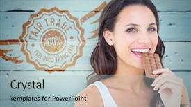  Presentation with bar pieces dark chocolate - Cool new slide deck with brunette eating bar of chocolate backdrop and a  colored foreground